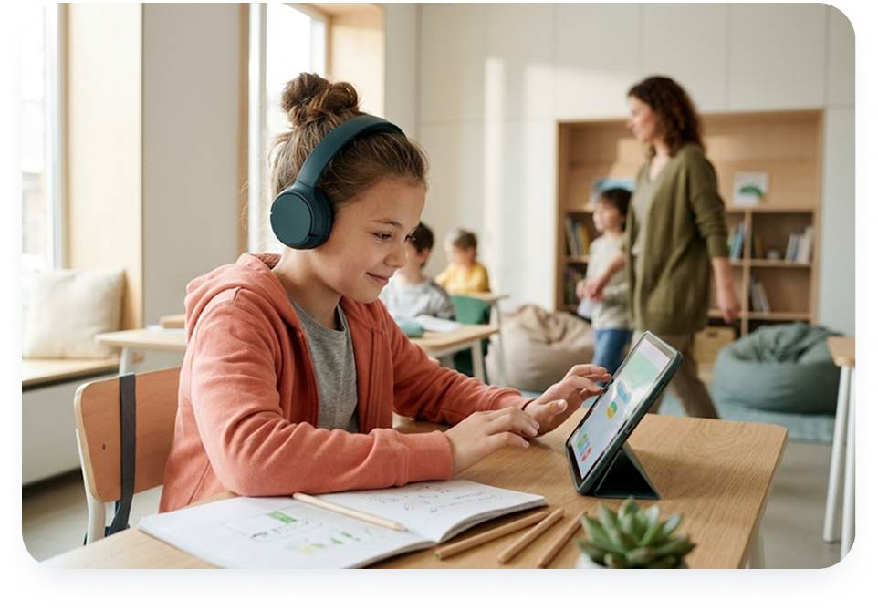 Young person studying with headphones, laptop, and notebook